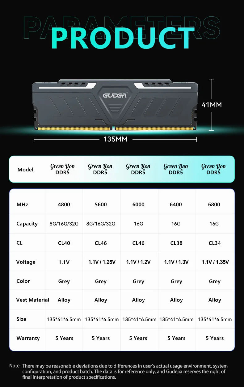 NEW GUDGA Memoria Ram DDR5 8GB/16GB/32GB 4800MHz 5600Mhz 6000Mhz 6400Mhz 6800Mhz  CL34/38/46/40 Desktop Computer Dimm Memory